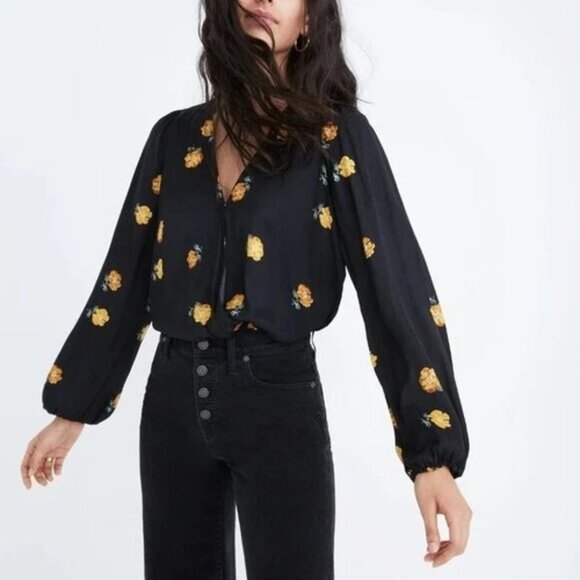 MADEWELL Black Floral Bubble-Sleeve Wrap Blouse Top "Floating Florets" Sz M - Picture 1 of 6